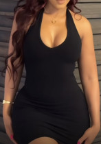 Women Spring Summer Sexy V Neck Halter Neck Lace-Up Backless Bodycon Dress