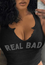 Women Sexy Letter Beaded Sleeveless T-shirt