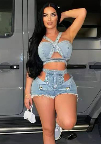 Women Denim Vest Strapless Lace-Up Top and Stretch y Shorts Two-Piece Set