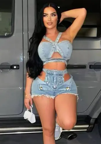 Women Denim Vest Strapless Lace-Up Top and Stretch y Shorts Two-Piece Set