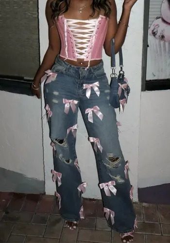 Women Street Bow Washed Ripped Denim Jeans
