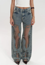 Women American Retro Hollow Gradient Denim Wide Leg Pants