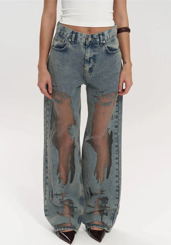 Women American Retro Hollow Gradient Denim Wide Leg Pants
