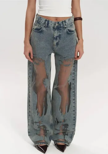 Women American Retro Hollow Gradient Denim Wide Leg Pants