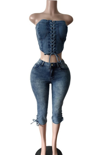 Women Stretchy Lace-Up Denim Strapless Lace-Up Top and Capri Pants Two-Piece Set