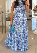 Women Spring Print Round Neck Sleeveless Dress