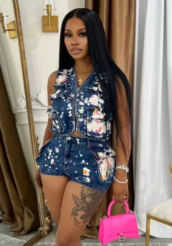 Printed Multi-Pocket Denim Vest Shorts Two Piece Set