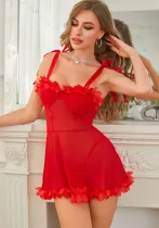 Women Sexy Red Lace Suspender Nightdress