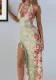 Women Summer Sexy Halter Neck Lace-Up Backless Slit Print Dress