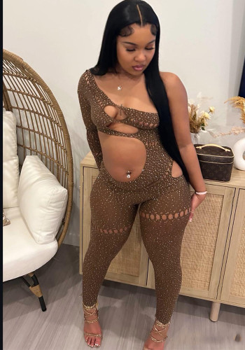 Beaded Mesh One-Piece Long-Sleeve Jumpsuit