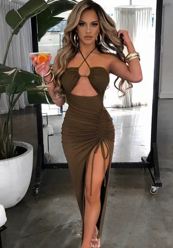 Women Backless Sexy Bodycon Slit Drawstring Dress