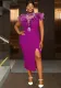 Women Half-High Neck Beaded Mesh Patchwork Split Party Dress