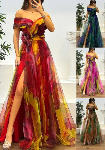 Women Spring Summer Mesh Printed Party Casual Dress