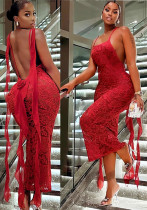 Women Lace Flower Chiffon Ribbon Backless Strap Dress