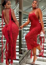 Women Lace Flower Chiffon Ribbon Backless Strap Dress