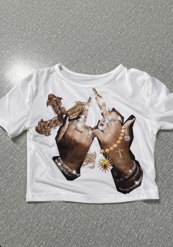Cropped Printed T-Shirt Short Sleeve Summer Top