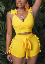 Women Summer Sexy Ruffle Backless Solid Top and Shorts Two-piece Set
