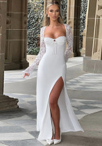 Women Autumn Sexy Slit Lace Patchwork Dress