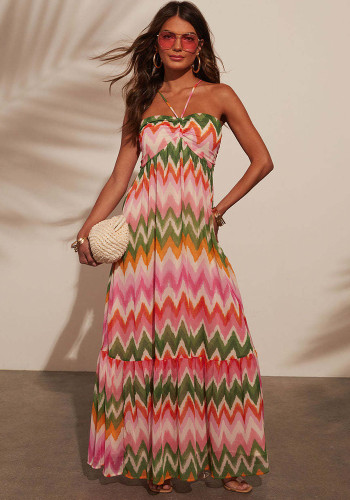 Contrast Color Sexy Halter Strap Maxi Dress