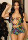 Women Sexy Multi-Color Graffiti Printed Hollow Strapless Top and Shorts Two-Piece Set