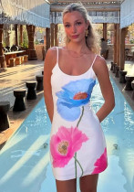 Women Summer U-neck Backless Mesh Print Bodycon Strap Dress