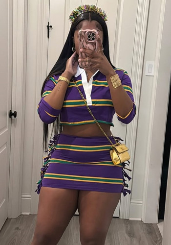 Women Street Casual Turndown Collar Stripe Contrast Crop Top and Skirt Two-Piece Set