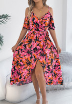 Women spring and summer off-shoulder cross v-neck flower suspender Holidays dress