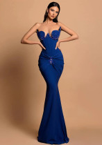 Women Sapphire Blue Beaded Embroidery Strapless Party Evening Dress