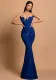 Women Sapphire Blue Beaded Embroidery Strapless Party Evening Dress