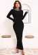 Women Black Turtleneck Long Sleeve Slit Formal Party Evening Dress