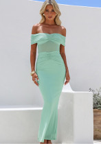 Women Solid Strapless Off-Shoulder Mesh Pleated Dress
