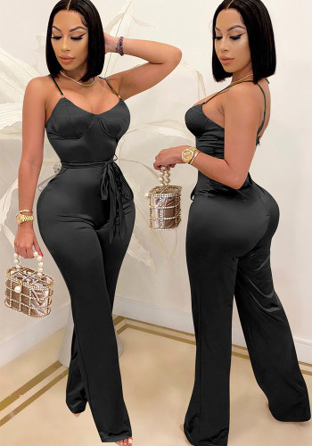 Solid Color Strap Straight Leg Jumpsuit