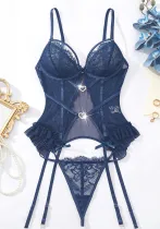 Women Lace See-Through Bodysuit T-back Shorts Sexy Lingerie Two-piece Set