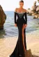 Women Black Luxury Velvet Formal Party Long Sleeve Bead Chain Slit Evening Dress