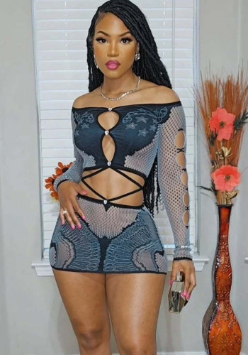Off-Shoulder Patchwork Crop Top High-Waist Slim Shorts Set
