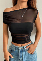 Women Spring Summer Sexy See-Through Mesh Patchwork Solid Top