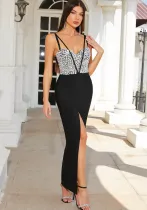 Women Black Beaded Slit Dress