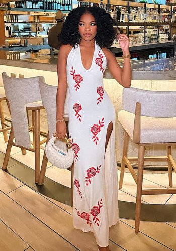 Women Summer Rose Print Halter Neck Bodycon Slit Dress