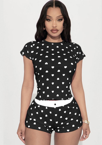 Women Summer Casual Heart Print Print Contrast Short Sleeve Top and Shorts Two Piece Set