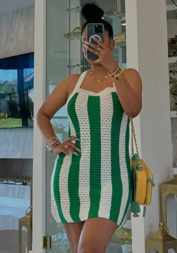 Women Spring Summer Striped Hollow Knitting Strap Dress