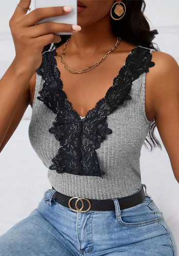 Women lace patchwork v-neck ribbed tank top