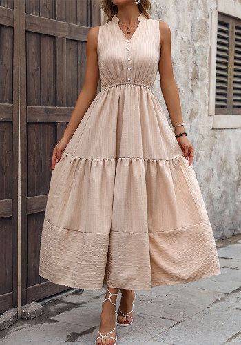 Women V-Neck Summer Sleeveless Patchwork Stand Collar Dress