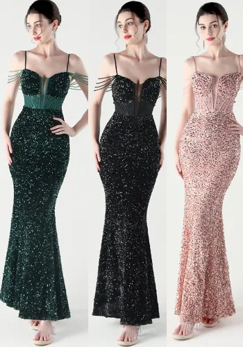 Women Fishbone Beaded Beaded Applique Dinner Evening Dress