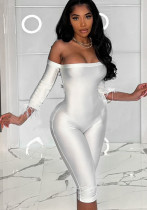 Women Spring and Summer Solid Off Shoulder Patchwork Fur Jumpsuit