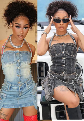 Women Vintage Stretchy Washed Denim Strapless Crop Top and Skirt Two Piece Set