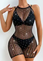 Plus Size Women beaded starry hollow see-through one-piece mesh dress Sexy Lingerie