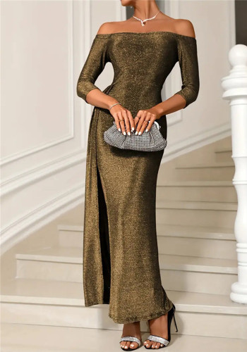 Women party stretchy split off shoulder dress