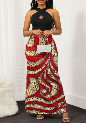 Women spring and summer sleeveless color matching Patchwork ethnic Halter Neck dress