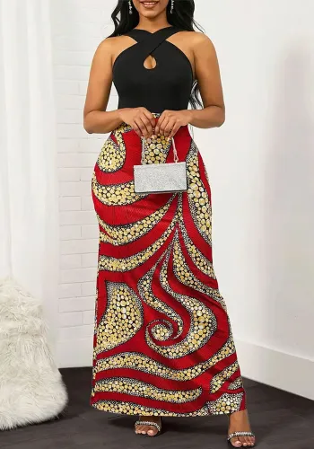 Women spring and summer sleeveless color matching Patchwork ethnic Halter Neck dress
