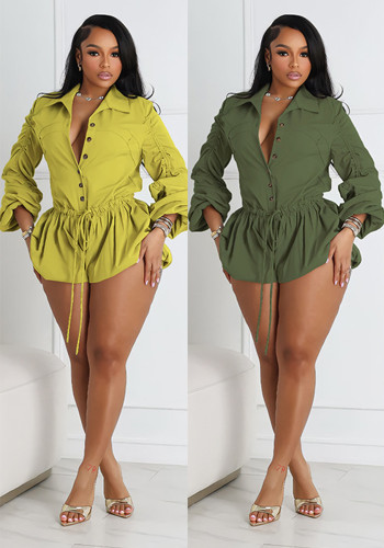 Women Solid Long Sleeve Button Cargo Jumpsuit